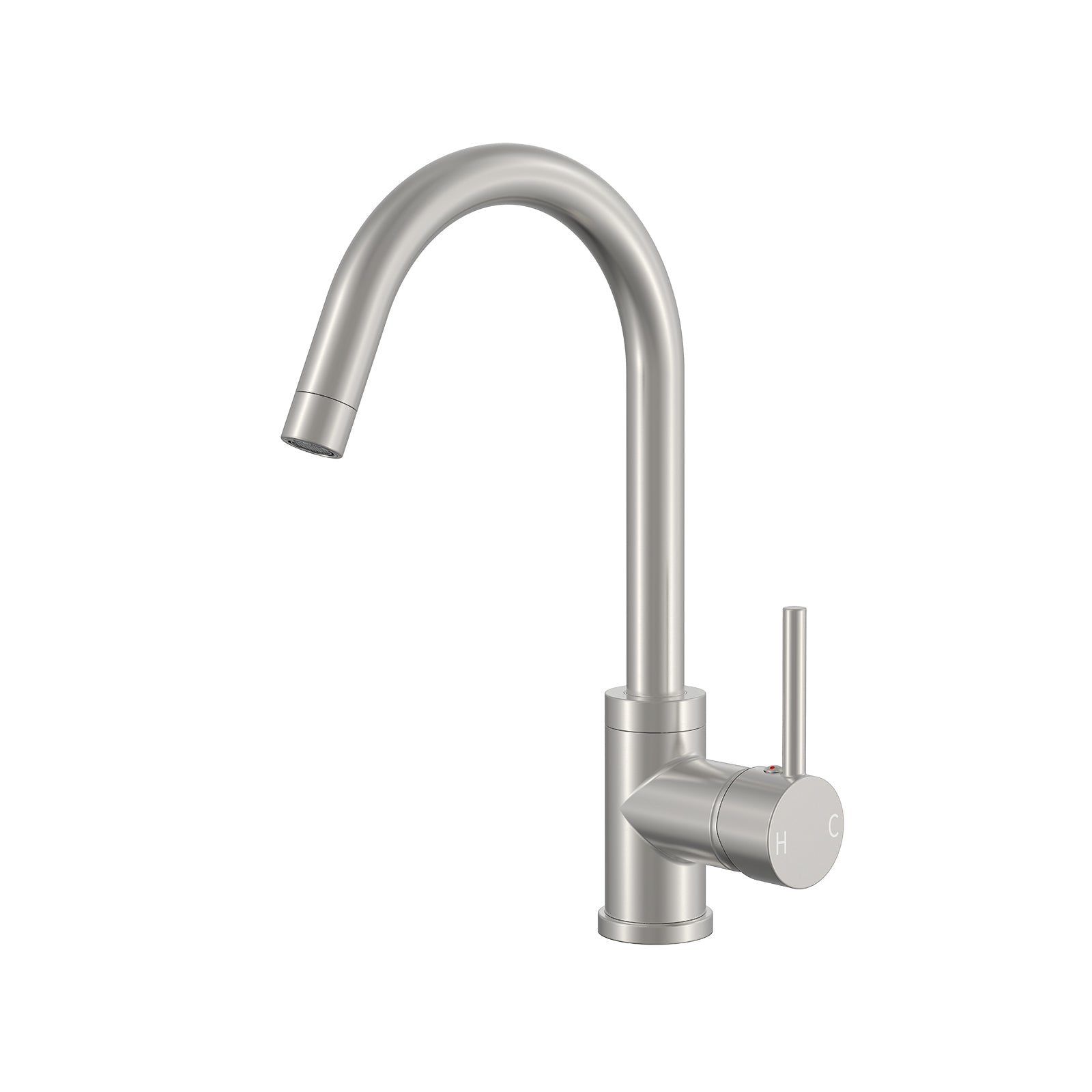 Modern brushed nickel single-handle kitchen faucet with a high-arc gooseneck spout.