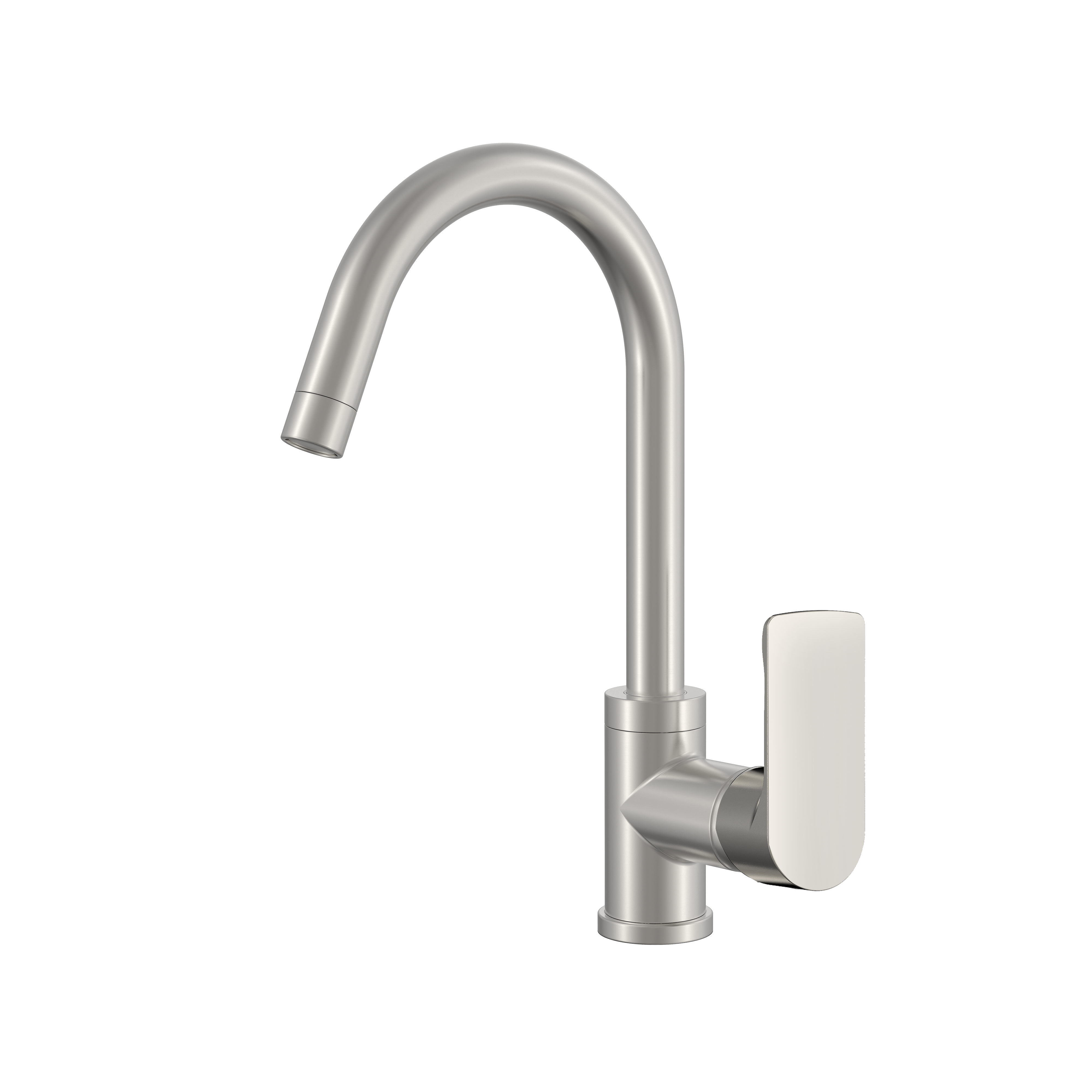 Modern brushed nickel gooseneck faucet with a single lever handle for kitchen or bathroom sinks.