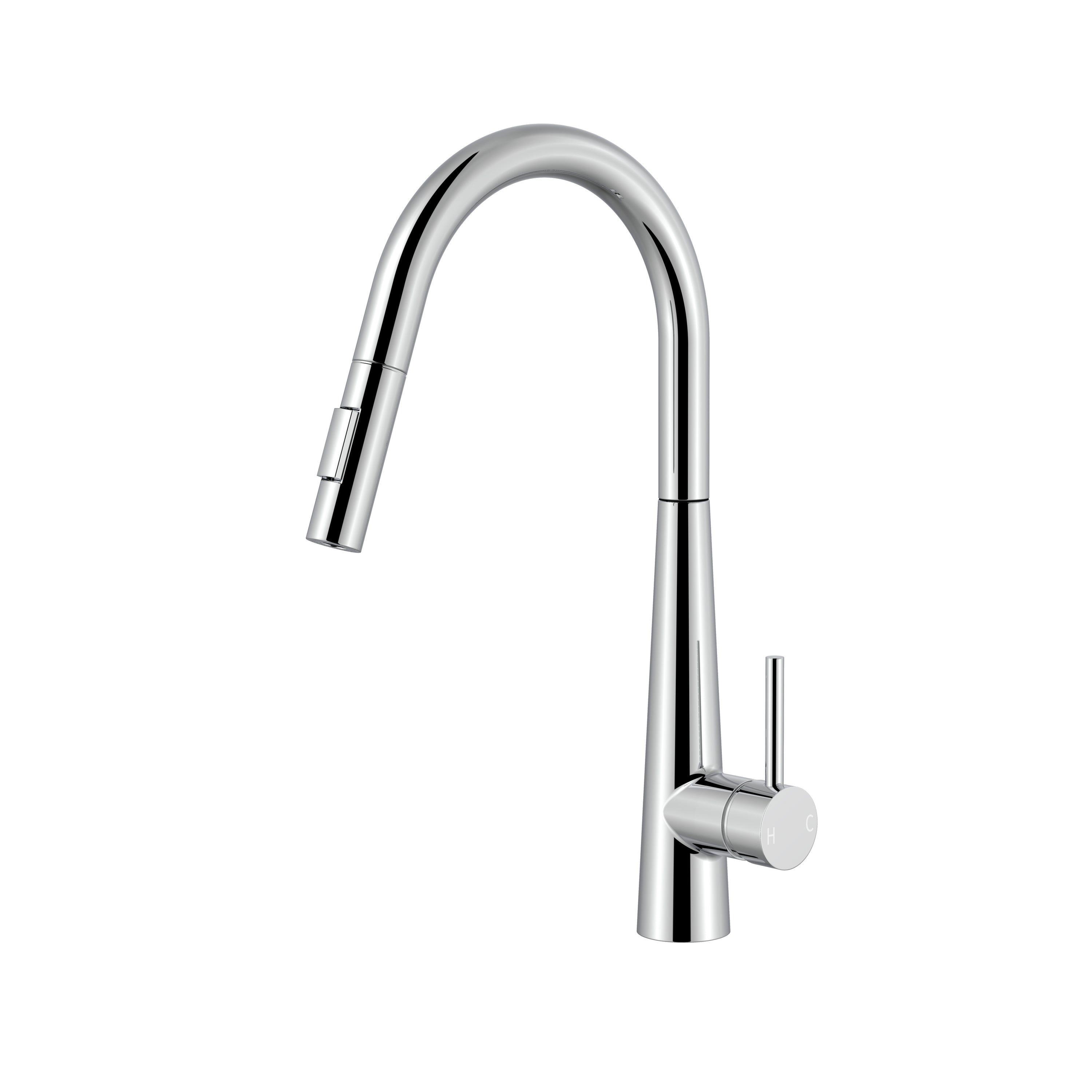 Modern polished chrome pull-down kitchen faucet with a high-arc gooseneck spout and single lever handle.
