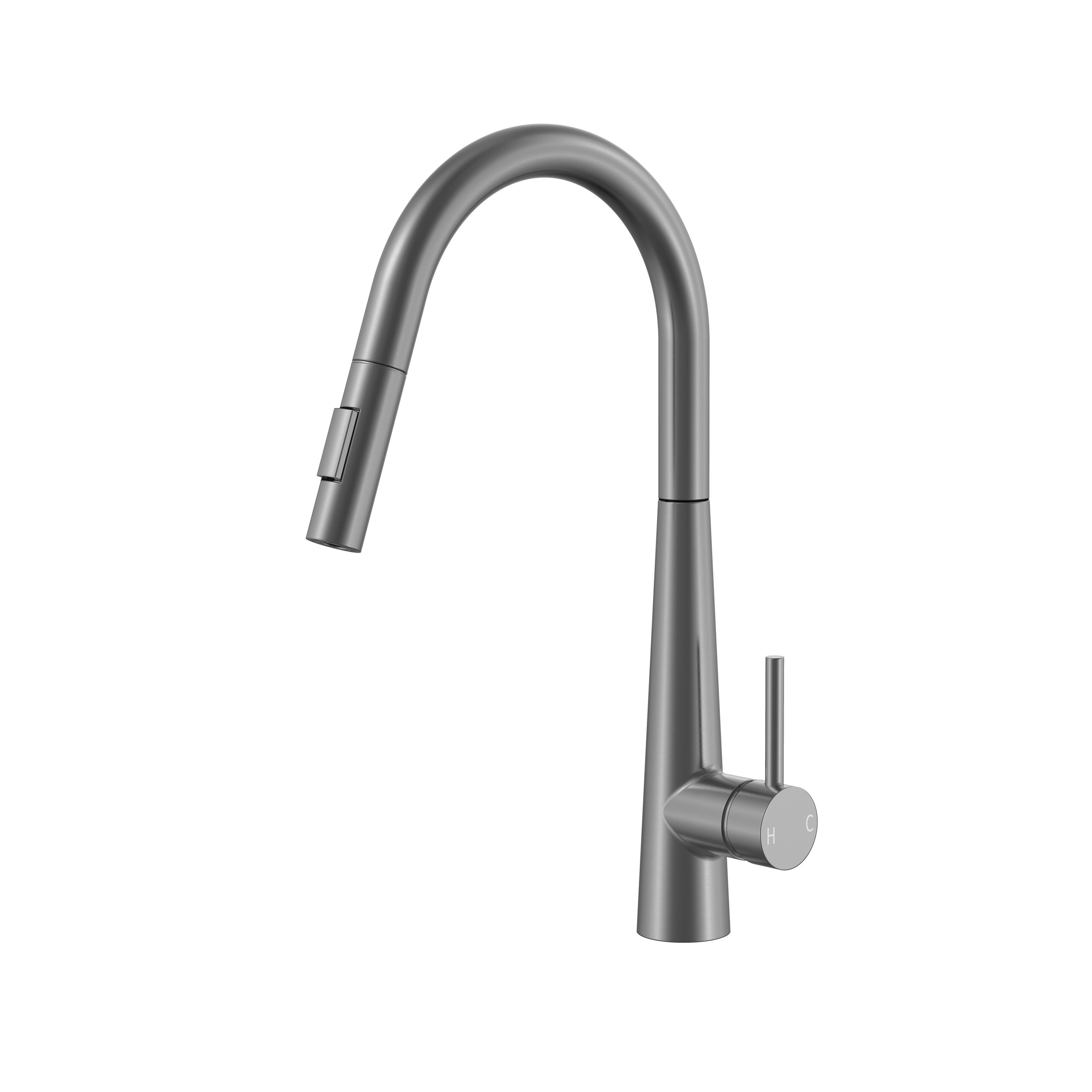 Modern gunmetal grey pull-down kitchen faucet with high-arc gooseneck spout and single handle.