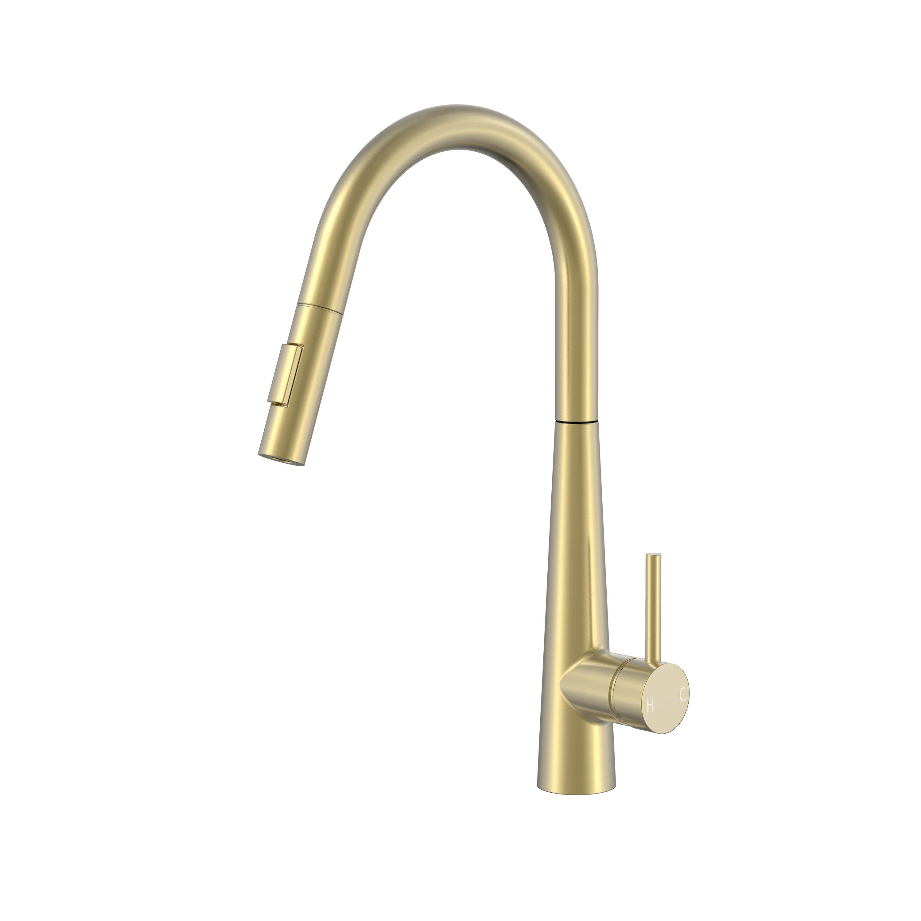 Brushed gold pull-down kitchen faucet with high-arc gooseneck spout and single lever handle.