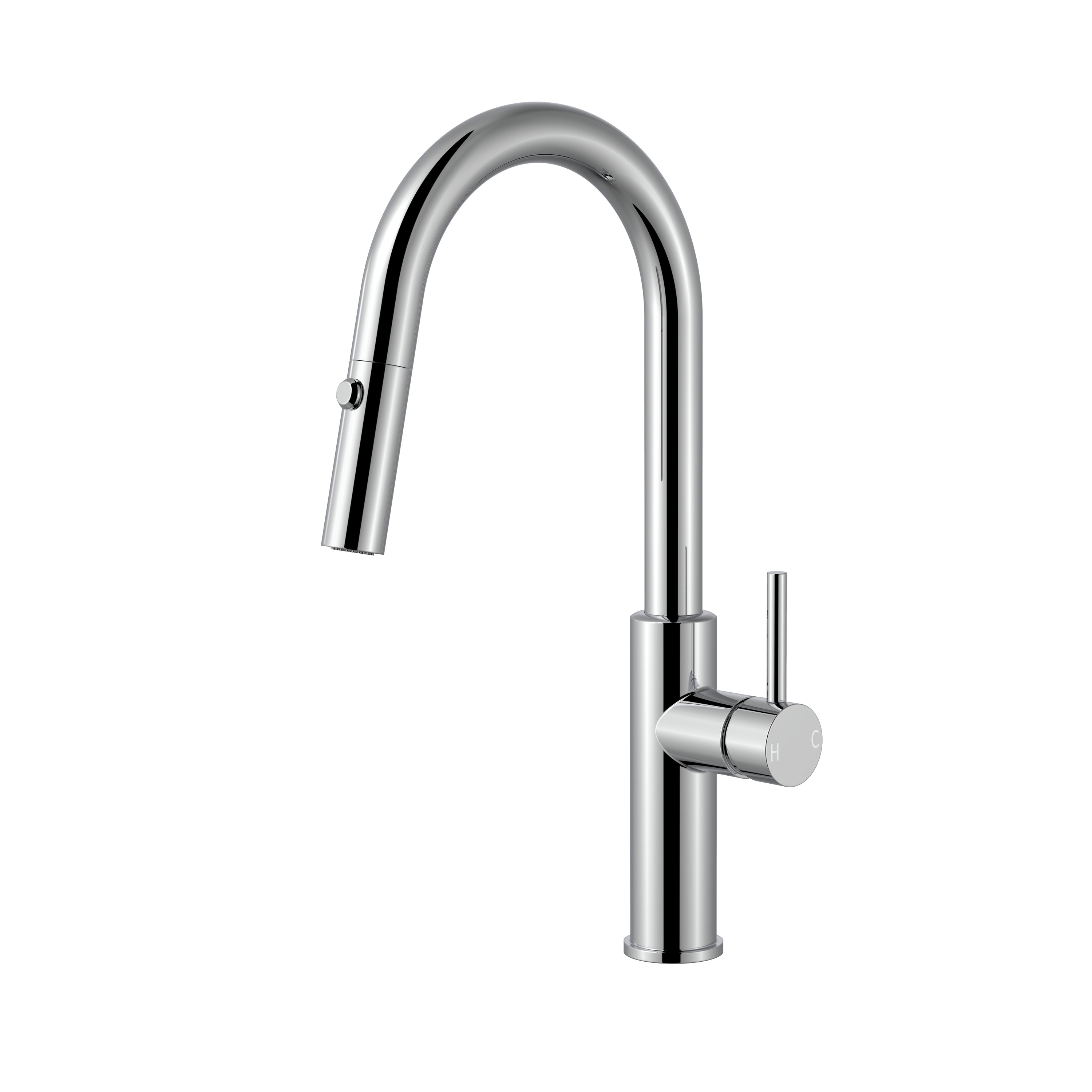 Modern polished chrome pull-down kitchen faucet with high-arc gooseneck spout and single lever handle.