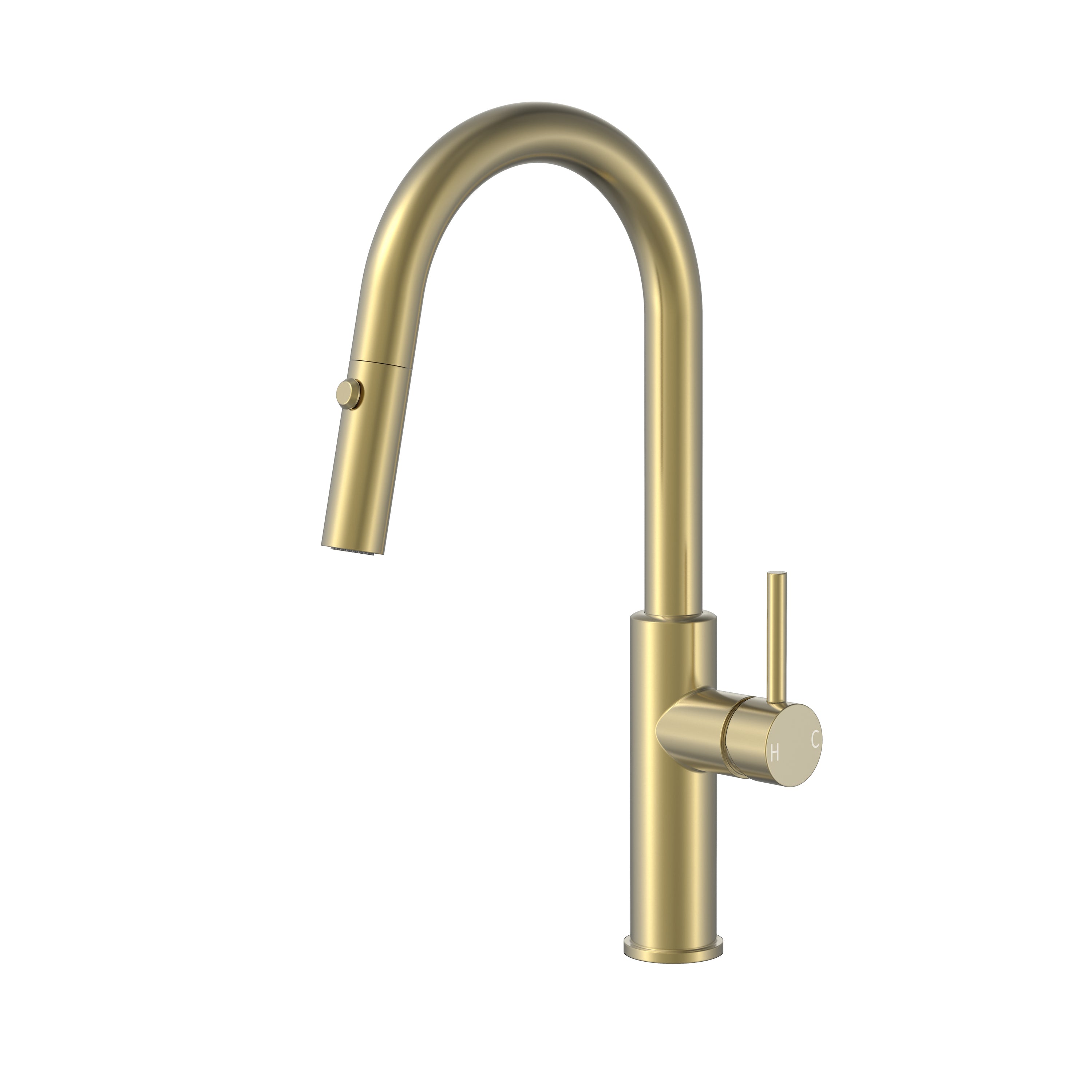 Modern brushed gold kitchen faucet with high-arc gooseneck and pull-down sprayer.