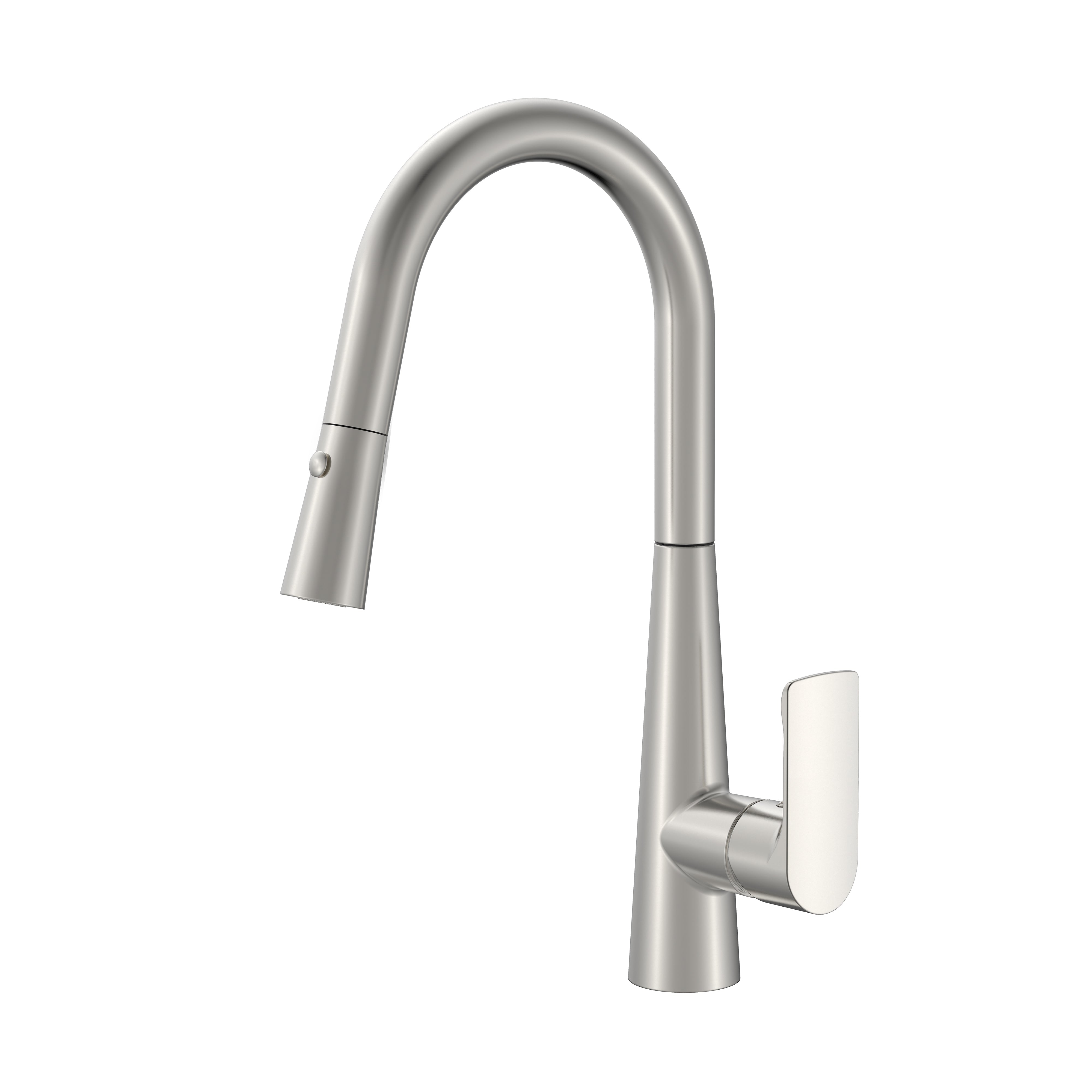 Brushed nickel pull-down kitchen faucet with high-arc gooseneck design and single-handle control.