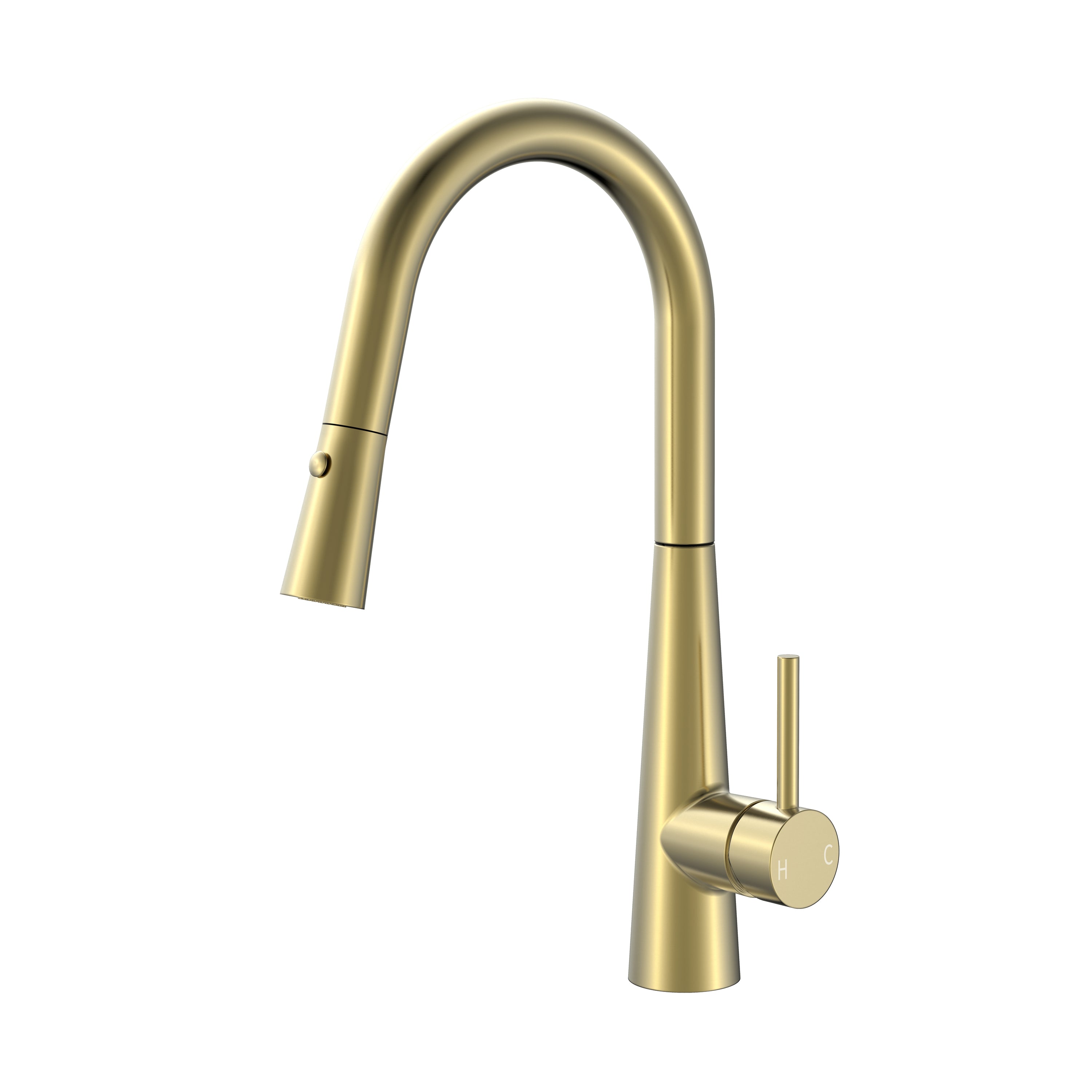 Modern brushed gold kitchen faucet with pull-down sprayer and high-arc gooseneck spout, single-handle design.