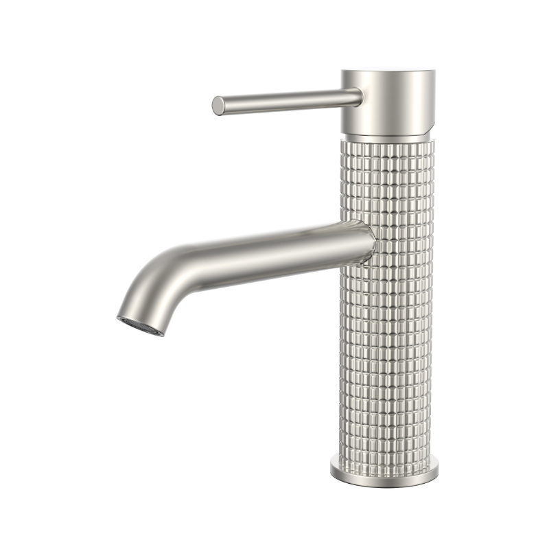 Modern brushed nickel single handle bathroom faucet with textured knurled body on white background.