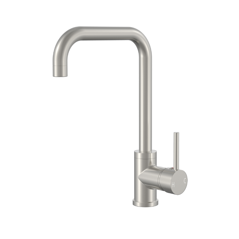 Modern brushed nickel single-handle kitchen faucet with a high-arch gooseneck spout.