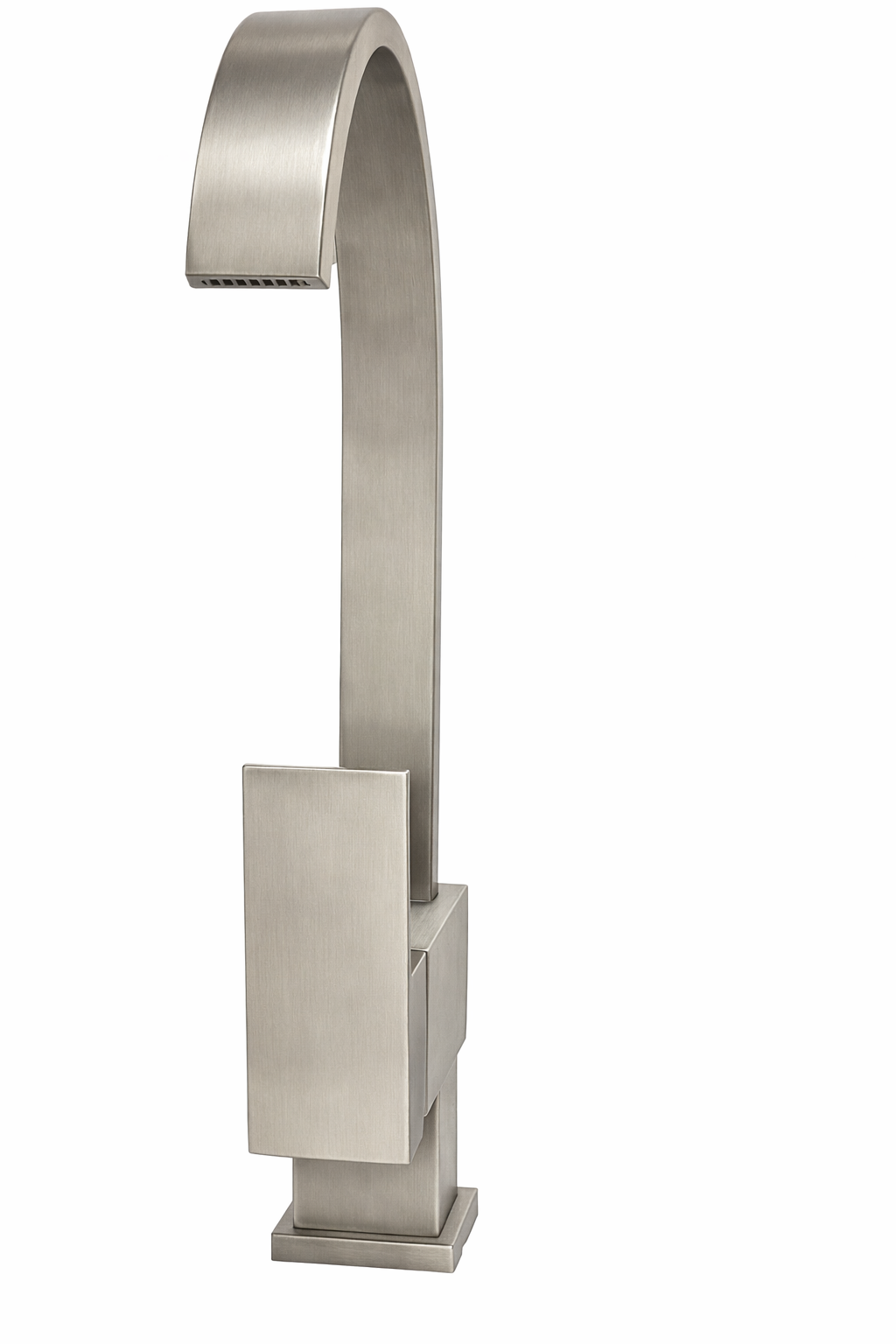Modern brushed nickel single-handle faucet with a high-arc spout and rectangular contemporary design.