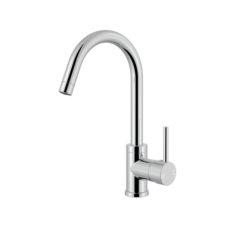 Modern polished chrome gooseneck kitchen faucet with a single side lever handle.