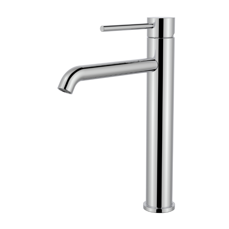 Modern polished chrome tall vessel bathroom sink faucet with single lever handle.