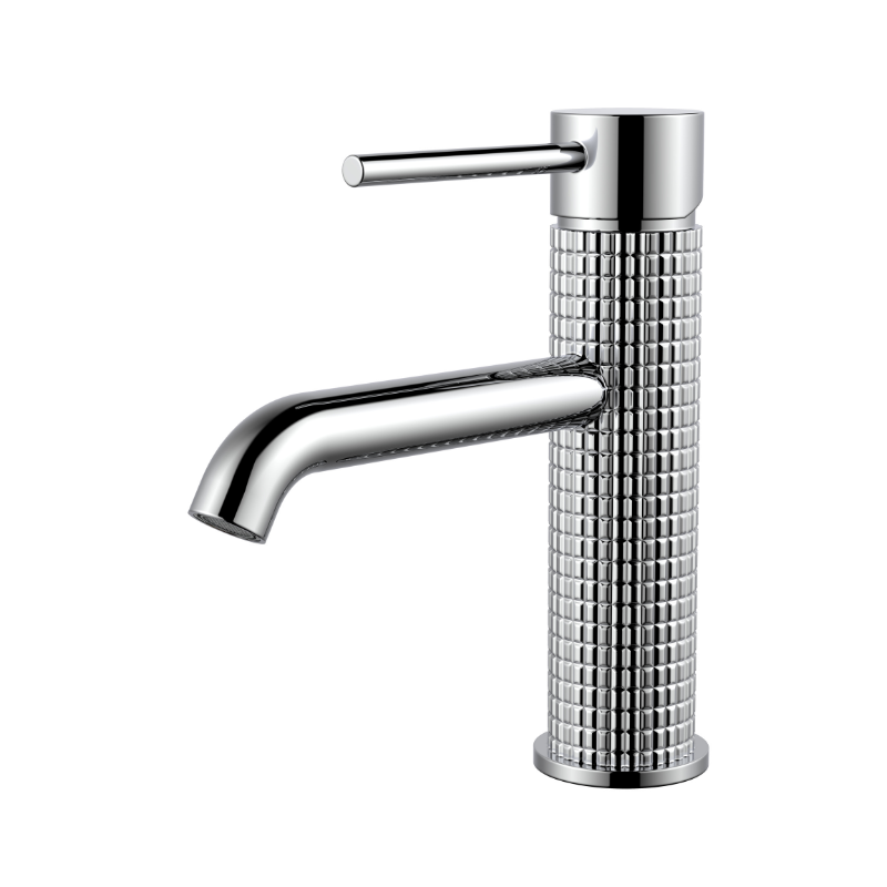 Polished chrome single-handle bathroom faucet with textured knurled body and sleek lever handle.