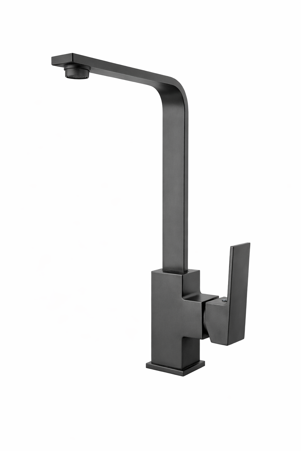 Modern matte black kitchen faucet with high square spout and single-handle lever.