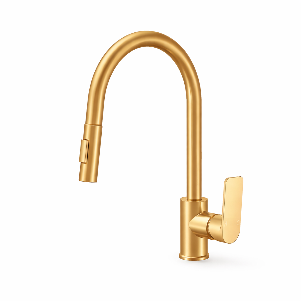 Modern brushed gold gooseneck kitchen faucet with pull-down sprayer and single lever handle.