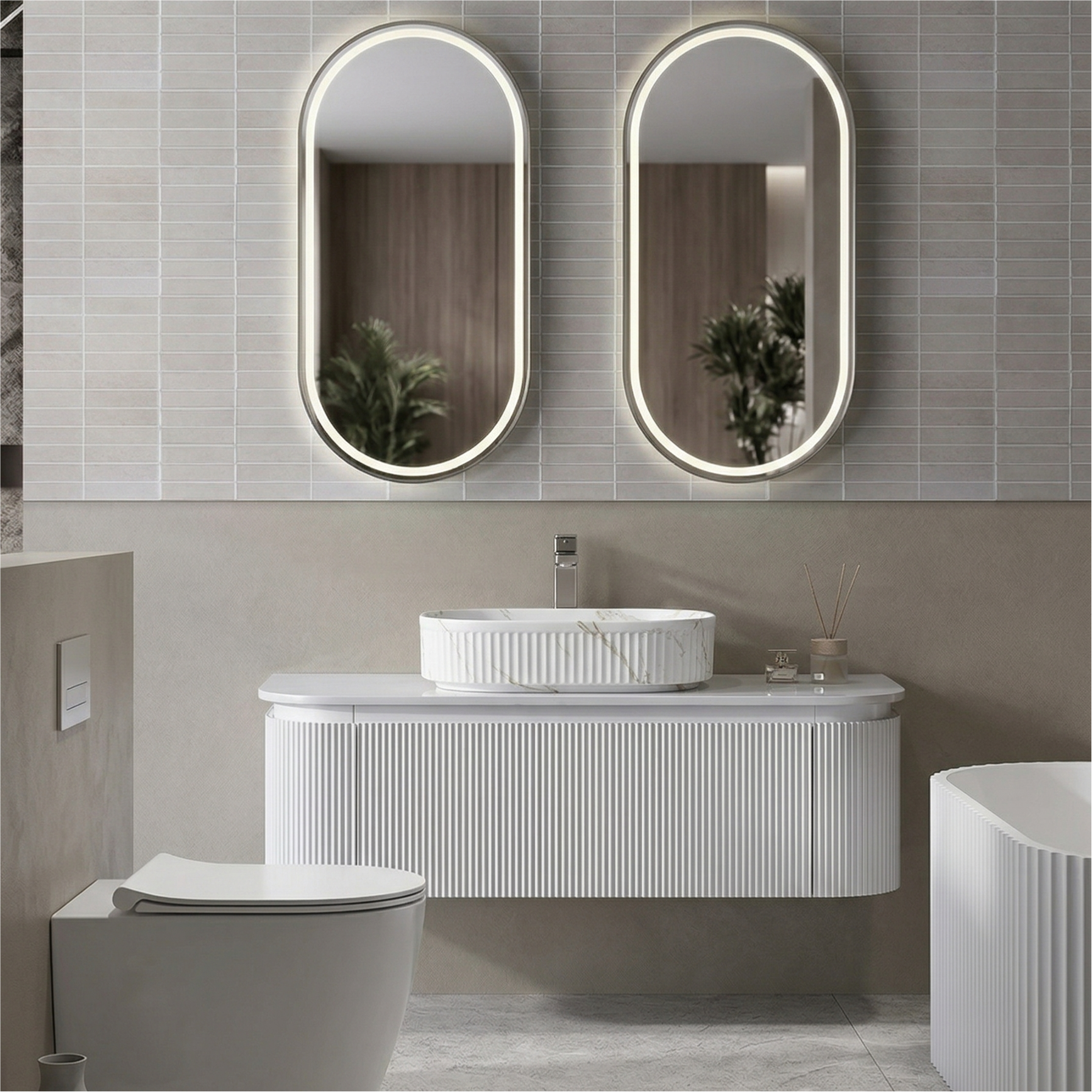 Architectural Fluted Bathroom Suite | Vanity, Bathtub, Basin, LED Mirror, Toilet & Mixer Set