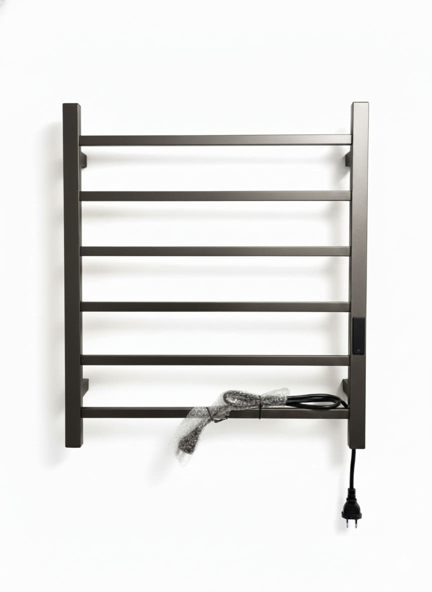 Modern matte black wall-mounted electric towel warmer with 7 bars and plug-in power cord.
