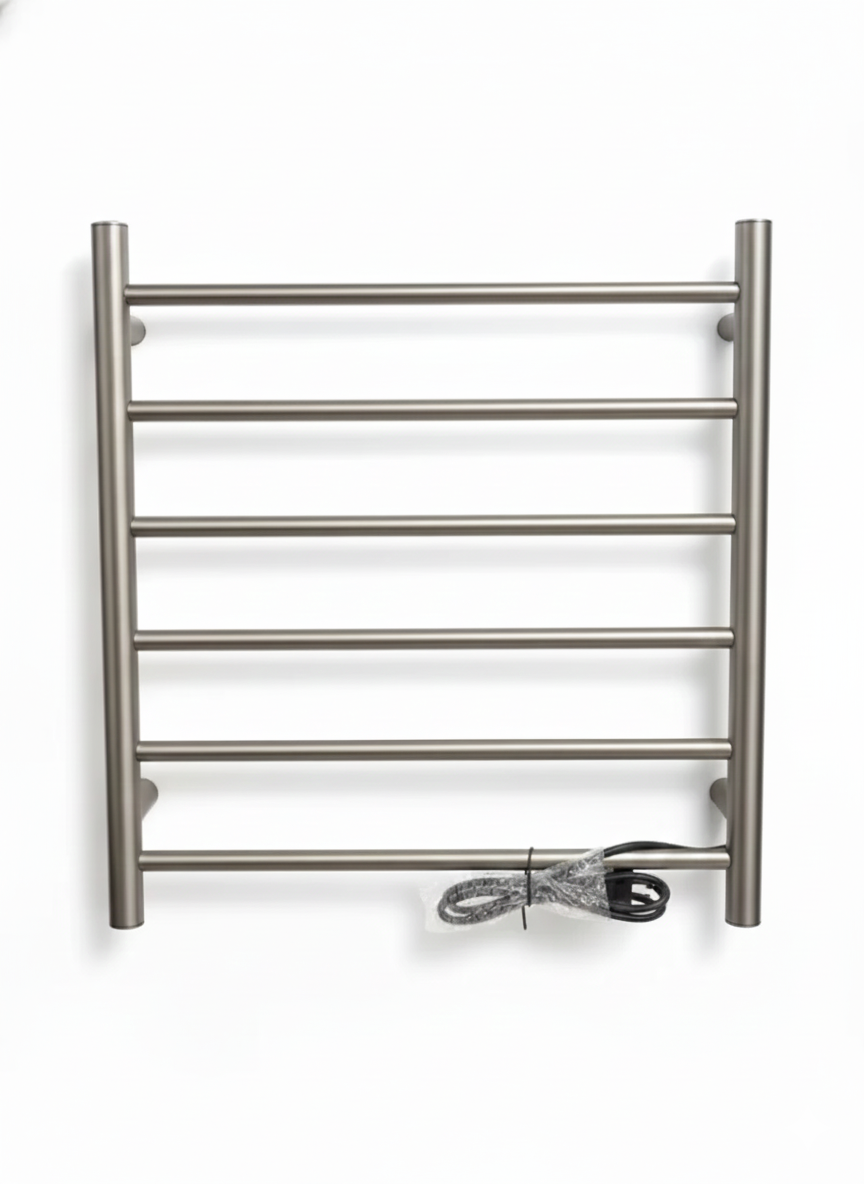 Brushed nickel electric wall-mounted heated towel rack with 7 bars for bathroom.