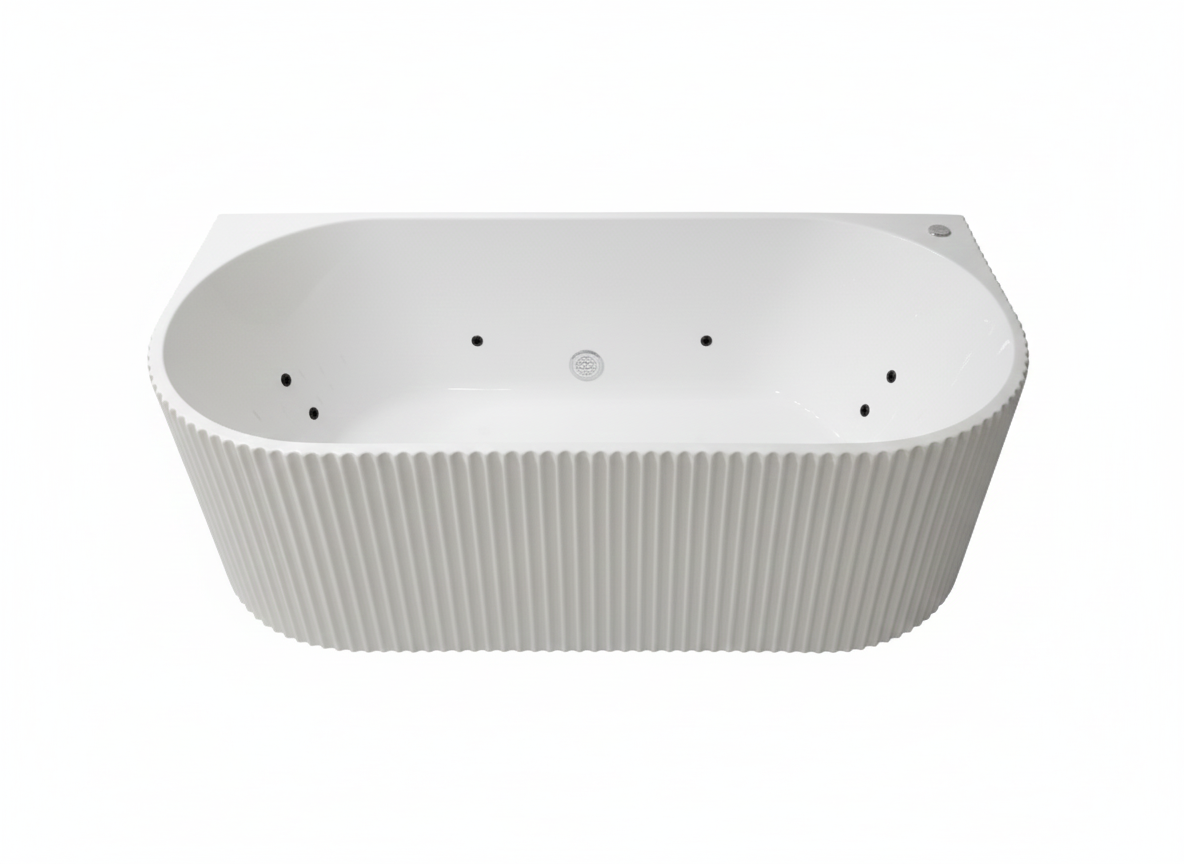 Modern white whirlpool bathtub with fluted exterior, back-to-wall design, and integrated massage jets.