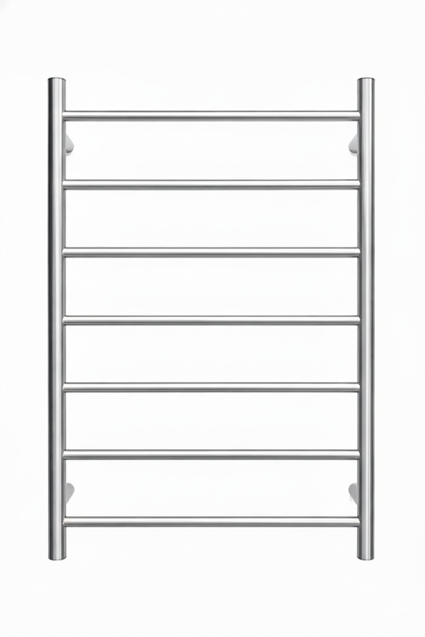 Polished chrome 8-bar wall-mounted heated towel rail rack for bathroom.