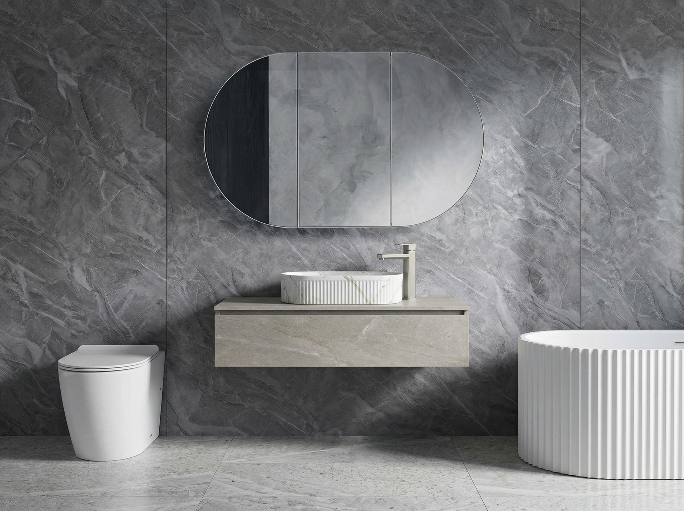 Grey marble bathroom with timber floating vanity, white vessel basin, oval mirror and fluted freestanding bath