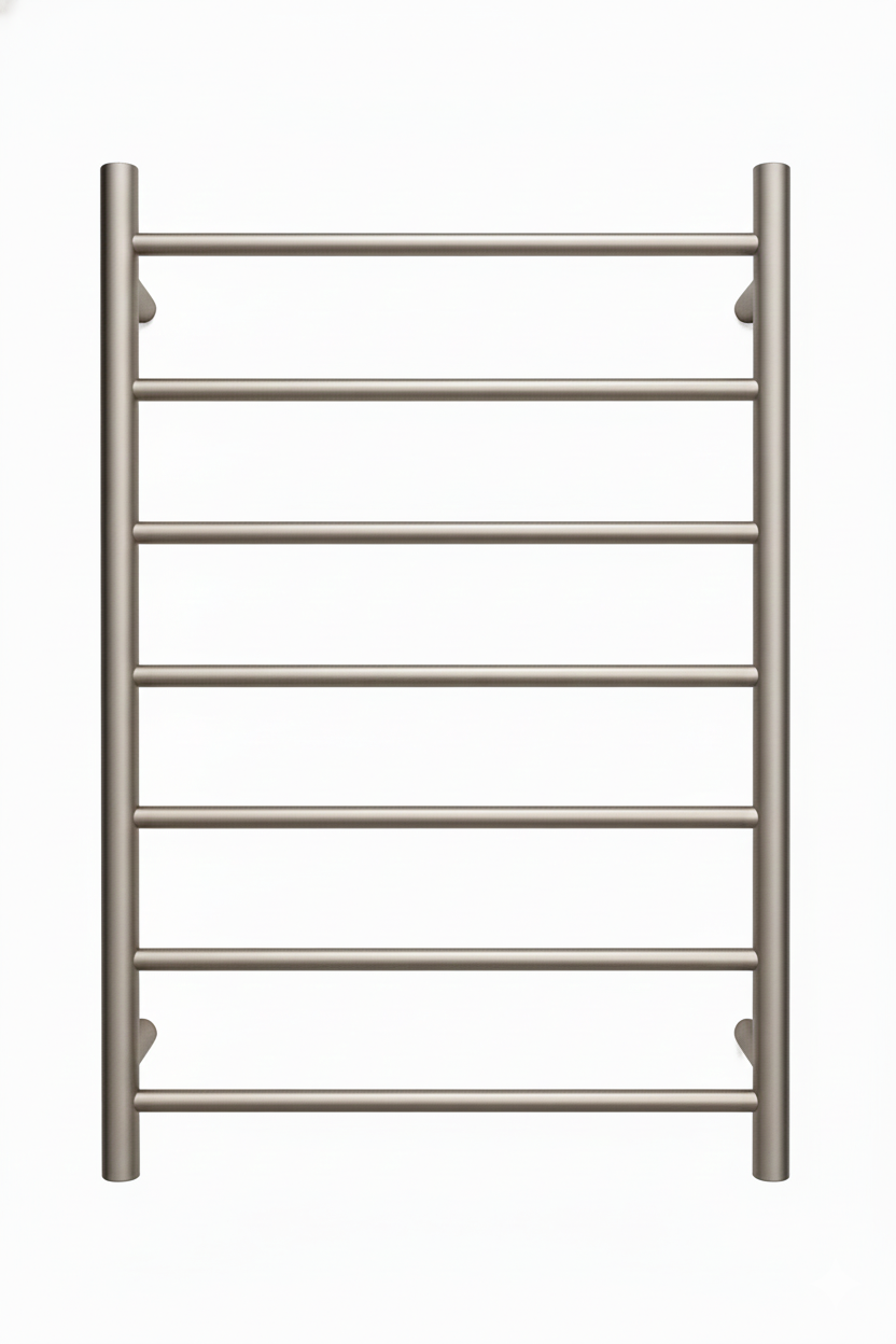Brushed nickel 7-bar heated towel rack, wall-mounted ladder design isolated on white background.