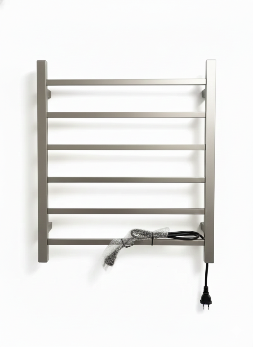 Wall-mounted brushed nickel electric towel warmer rack with 7 square bars and a plug-in power cord.