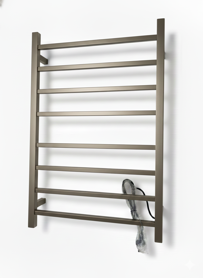 Wall-mounted electric heated towel rack with 10 square bars in a brushed bronze finish.