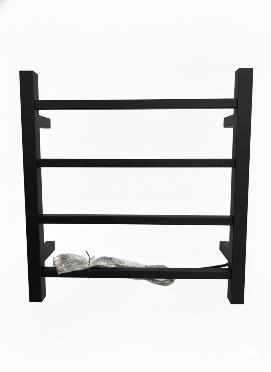 Matte black wall-mounted heated towel rack with 4 square bars, modern electric bathroom towel warmer.