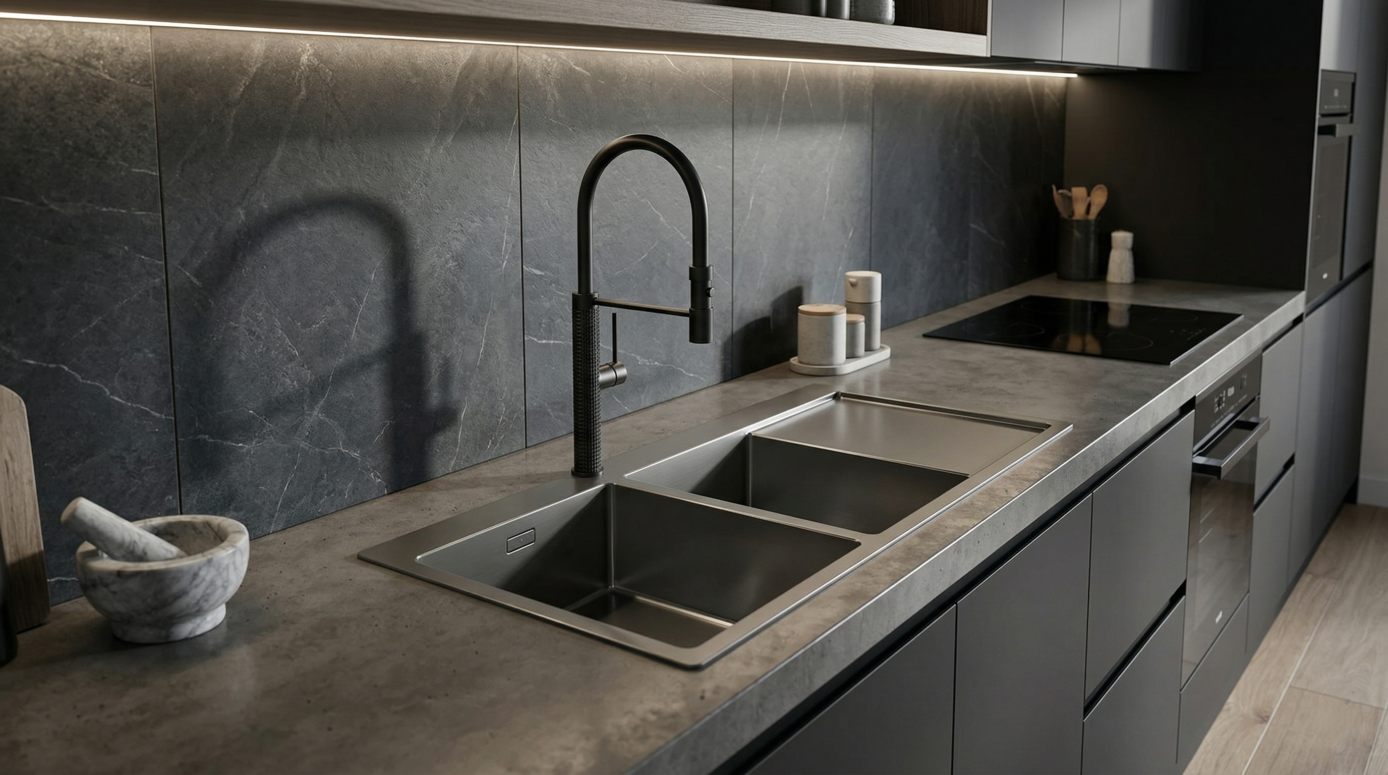 Premium dark kitchen with stainless steel sink, black mixer tap and stone benchtop — Liland kitchen & laundry range
