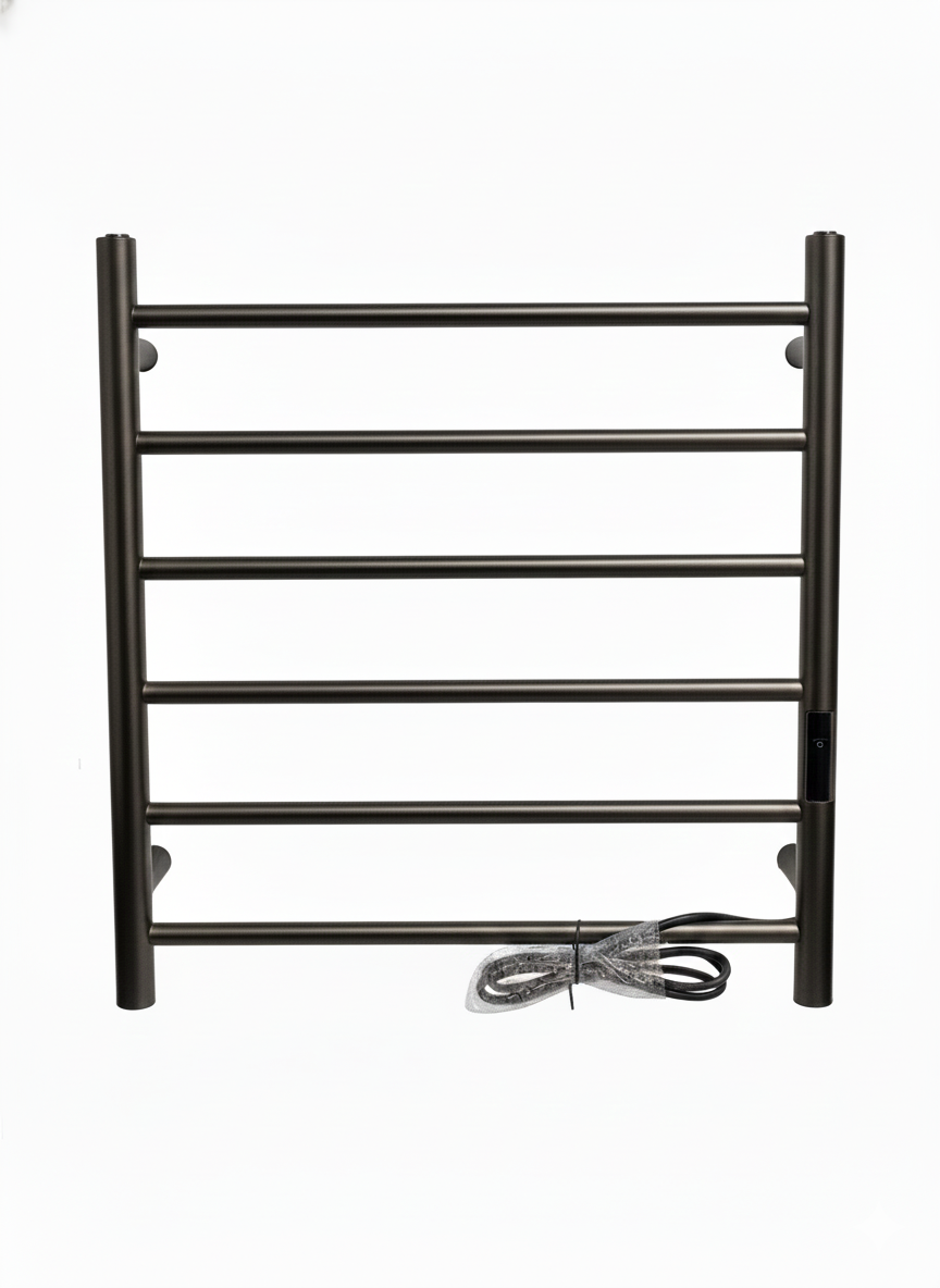 Oil-rubbed bronze wall-mounted electric heated towel warmer rack with 6 horizontal bars.