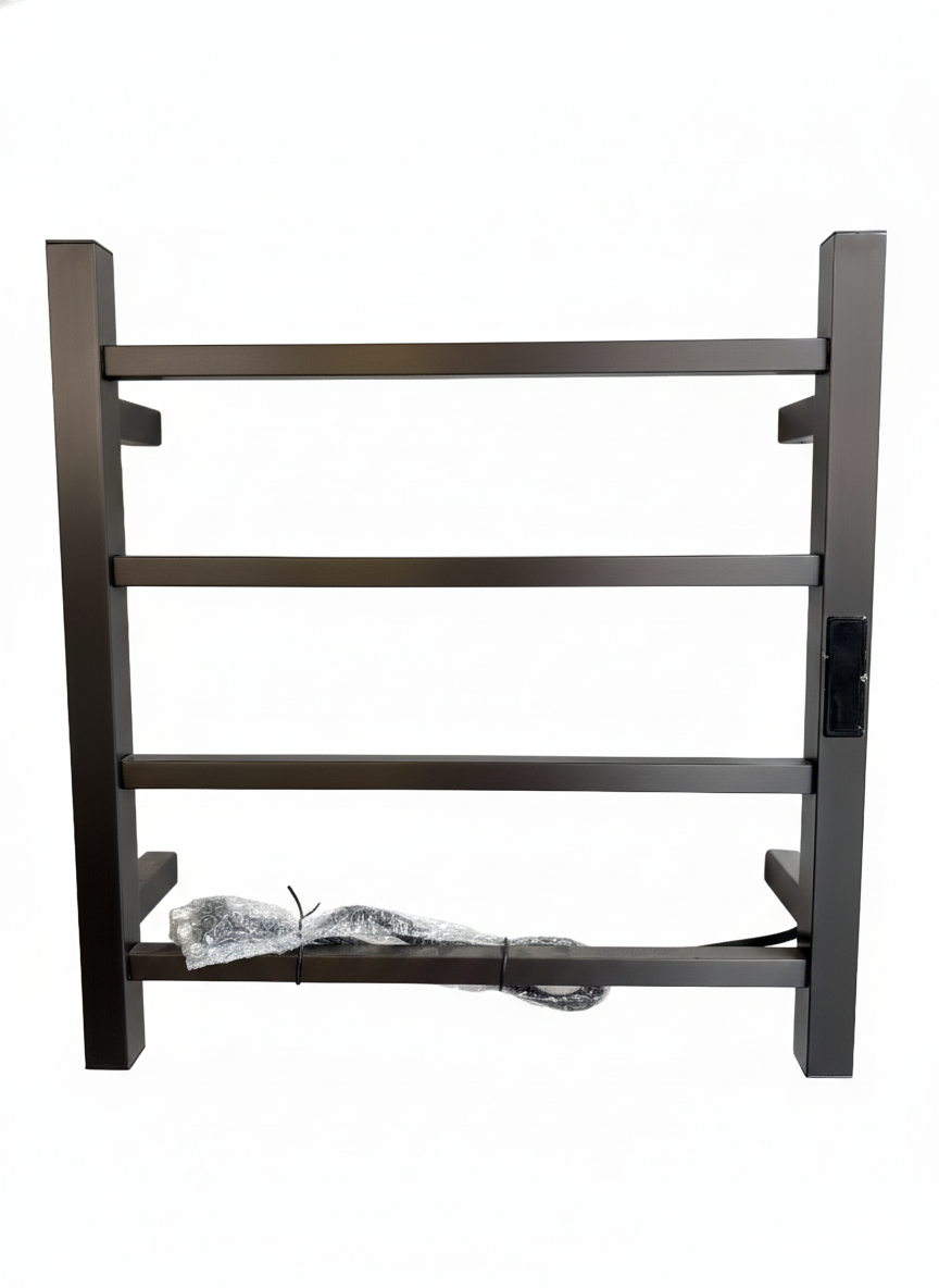 Oil-rubbed bronze 4-bar electric heated towel rack, square wall-mounted bathroom towel warmer with plug-in cord.