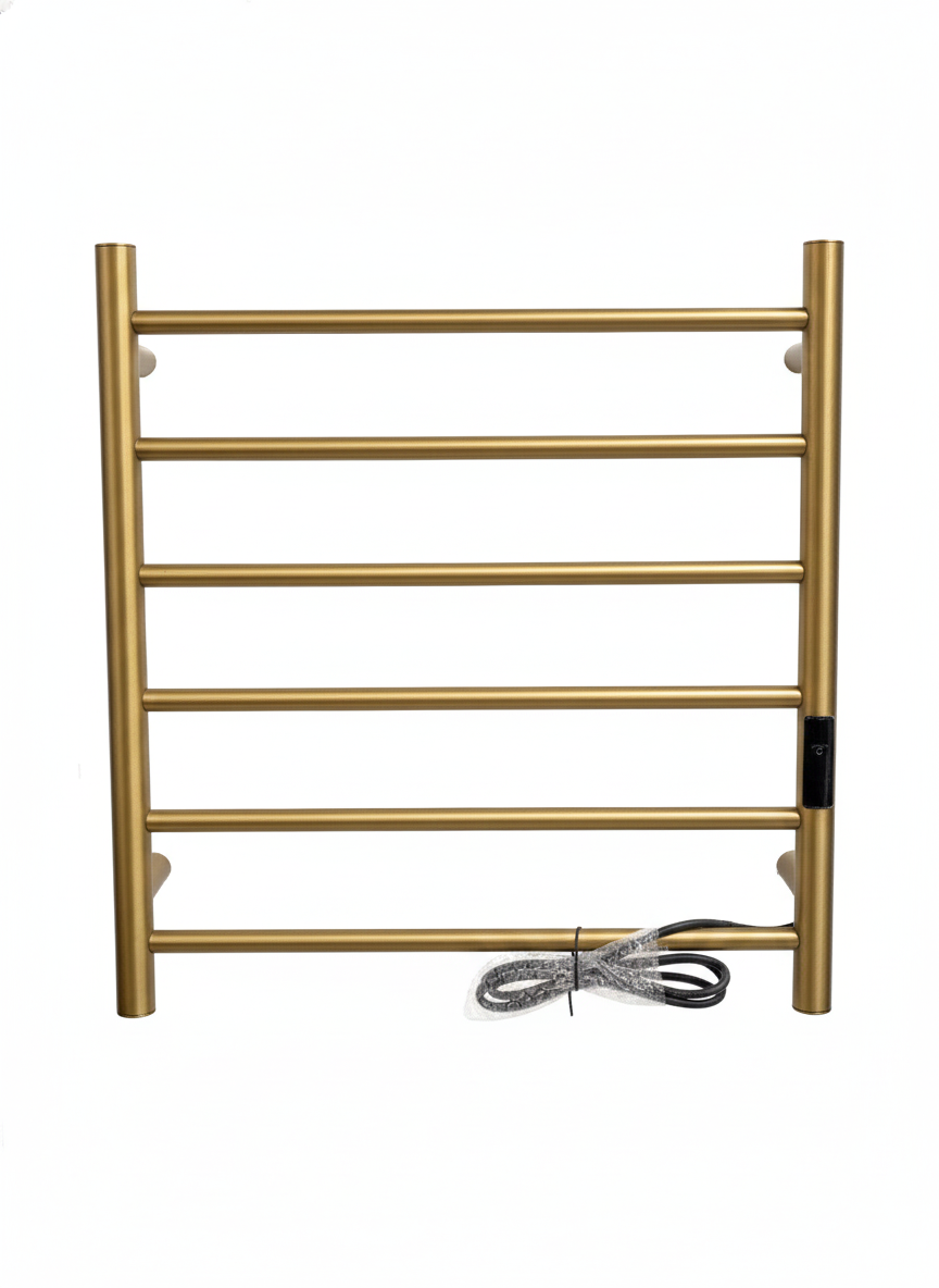 Brushed gold wall-mounted heated towel rack, 6-bar electric bathroom towel warmer with power cord.