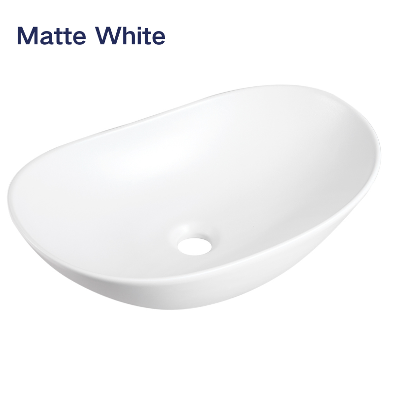 Modern matte white oval ceramic vessel sink for bathroom vanity.