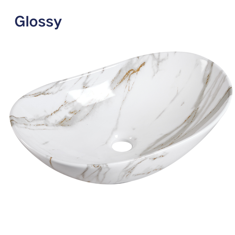 Oval glossy white ceramic vessel sink with elegant gold marble pattern for modern bathrooms.