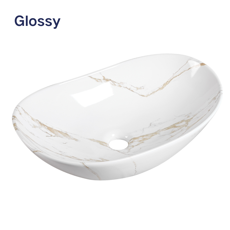 Glossy white oval ceramic vessel sink with gold marble pattern for bathroom countertop.