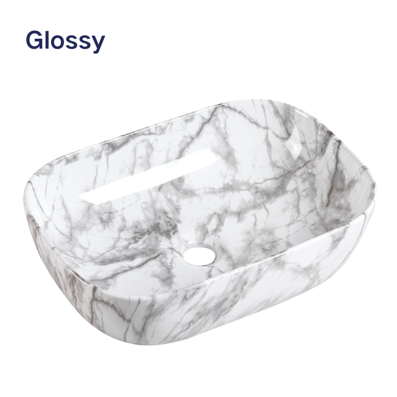 Glossy white and grey marble pattern rectangular vessel sink for modern bathroom countertop.