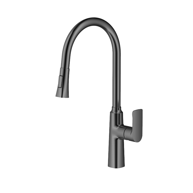 Modern gunmetal kitchen faucet with high-arc gooseneck spout and pull-down sprayer on white background.