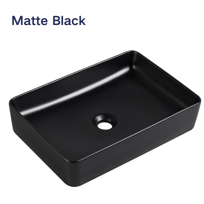 Modern matte black rectangular ceramic bathroom vessel sink.