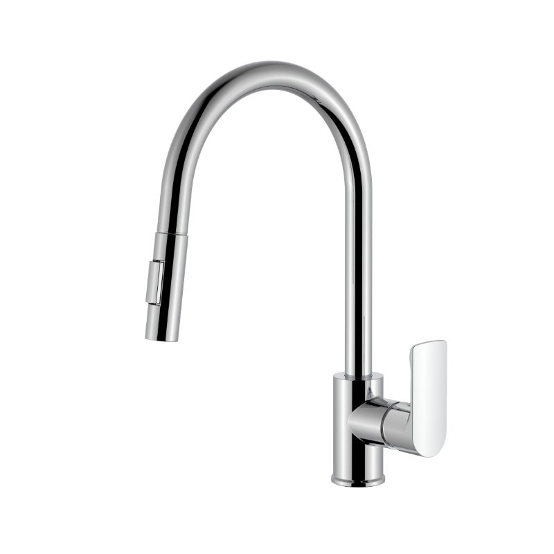 Modern chrome gooseneck kitchen faucet with pull-down sprayer and single lever handle.