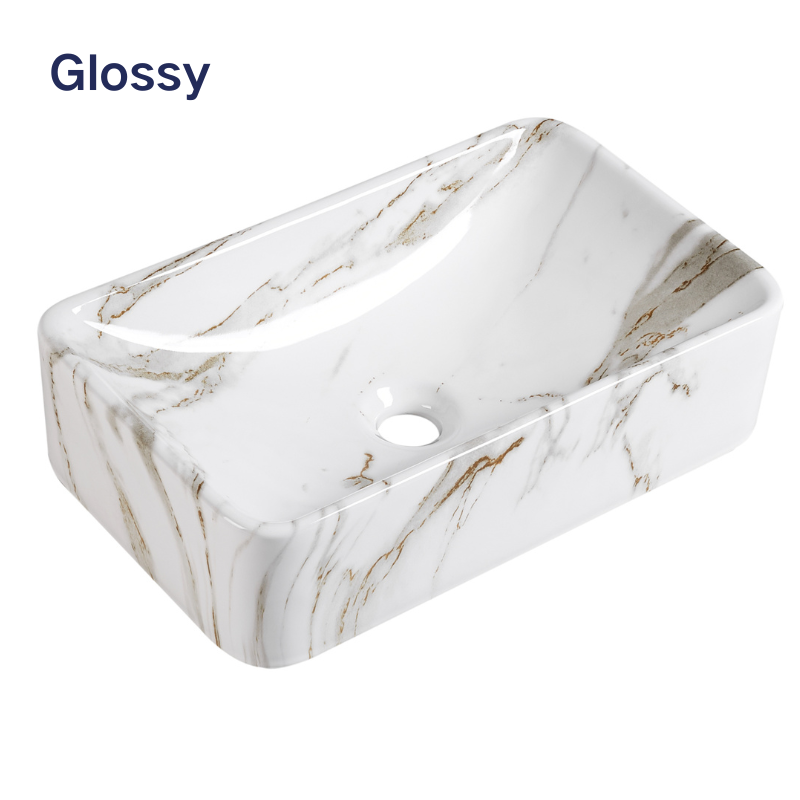 Glossy white marble rectangular ceramic vessel bathroom sink with elegant brown veining.