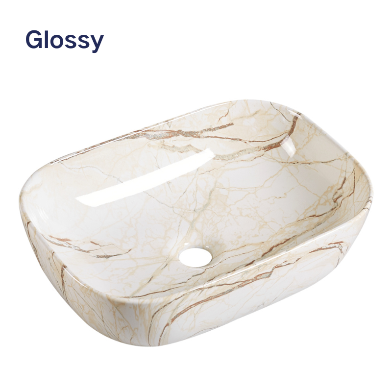 Glossy rectangular vessel sink with a cream and brown marble pattern for bathroom countertops.