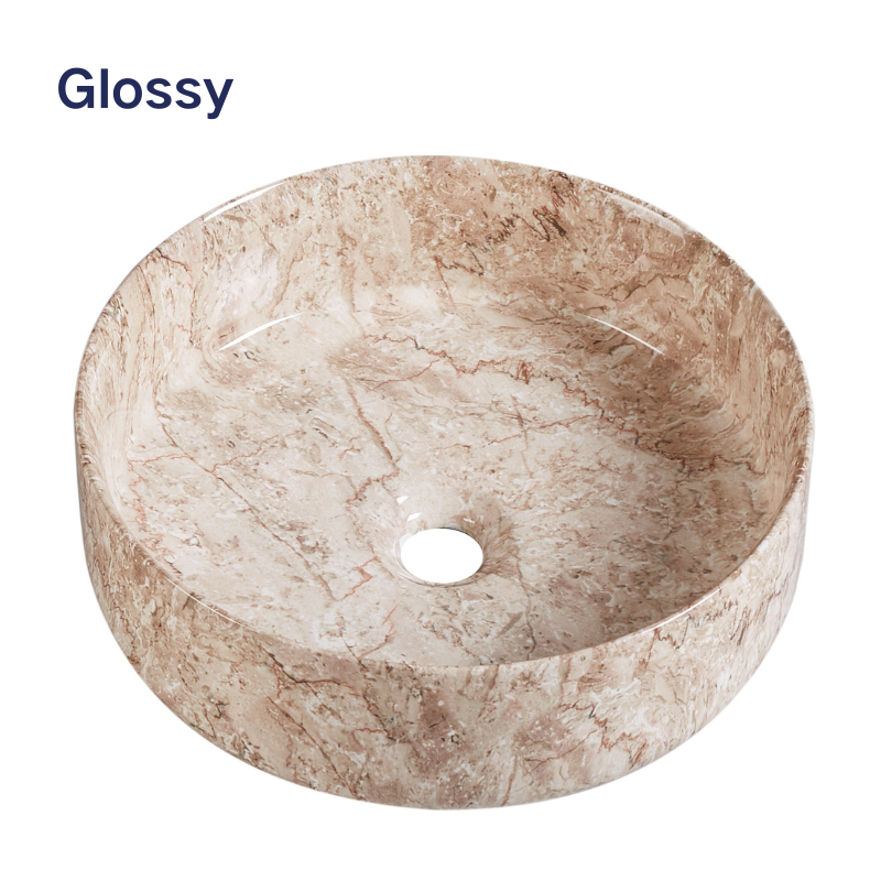 Glossy round beige marble pattern vessel sink for modern bathroom vanities.