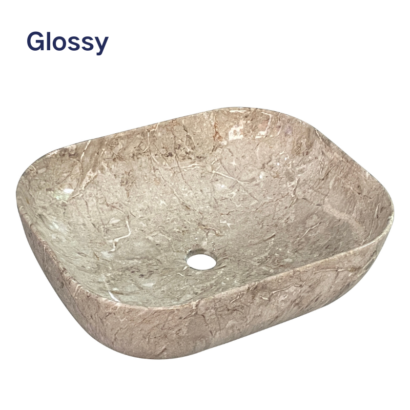 Glossy beige marble rectangular vessel sink, modern bathroom countertop wash basin.