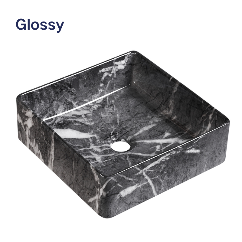Glossy black marble pattern square vessel sink for bathroom vanity countertop.