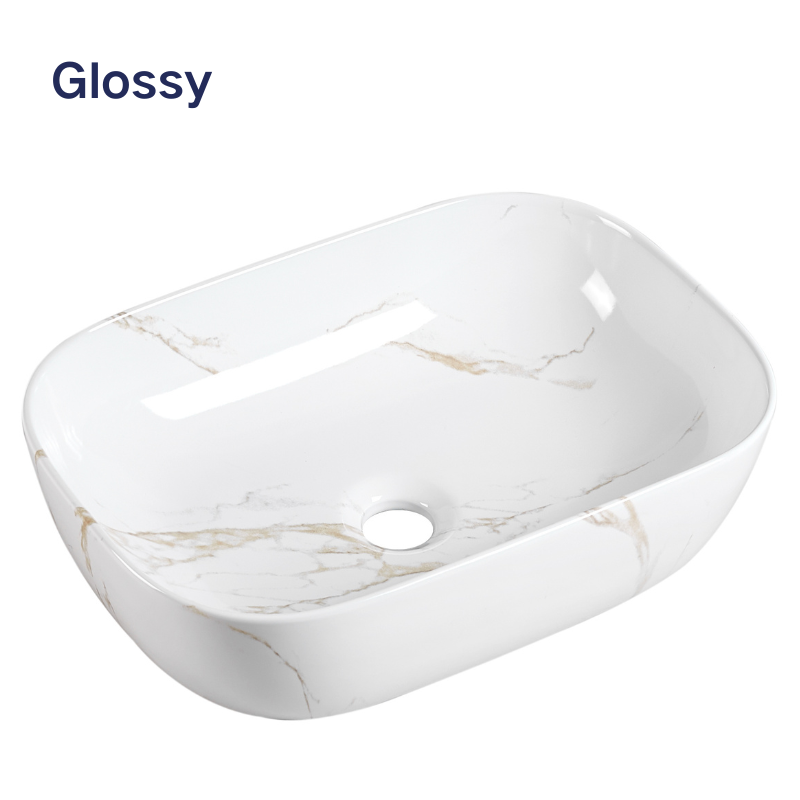 Glossy white ceramic rectangular vessel sink with gold marble pattern for bathroom vanity.