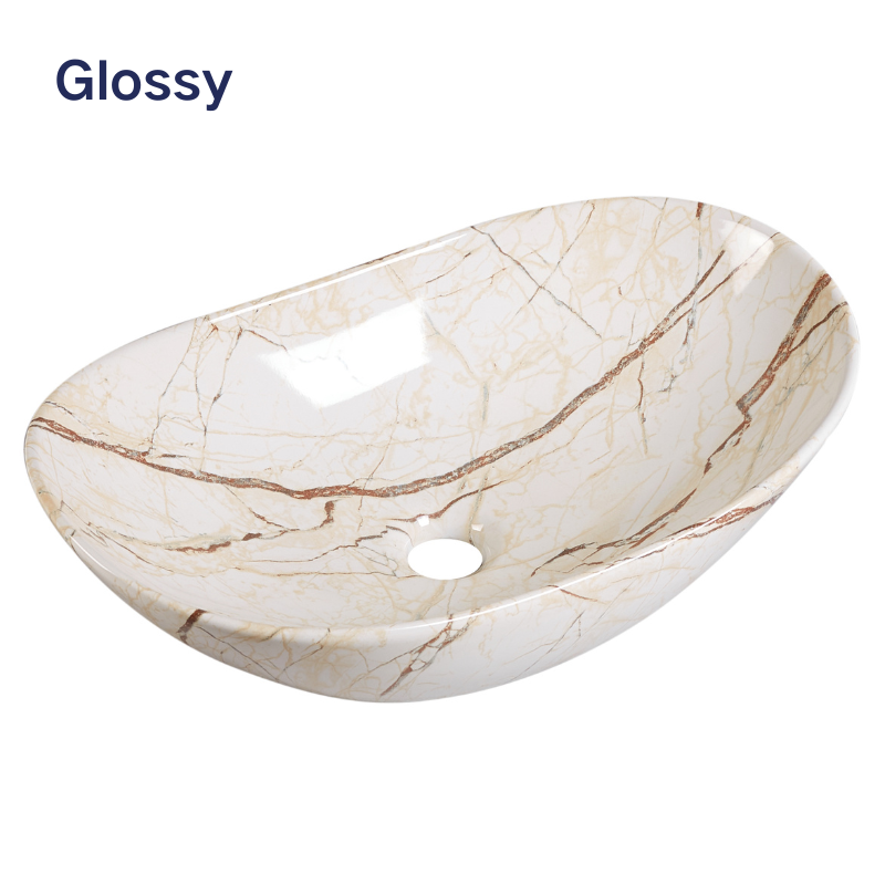 Glossy cream and brown marble-patterned oval ceramic vessel sink for a bathroom vanity.