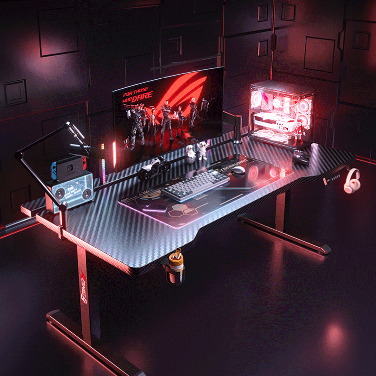 Black carbon fiber gaming standing desk with red LED lighting, PC, monitor, and accessories.