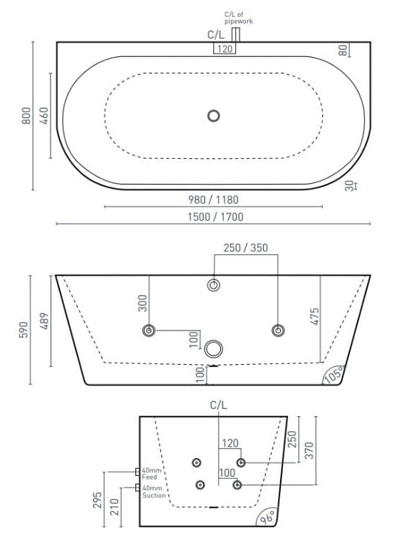 Black and white technical drawing of an oval whirlpool bathtub with detailed dimensions for bathroom installation.