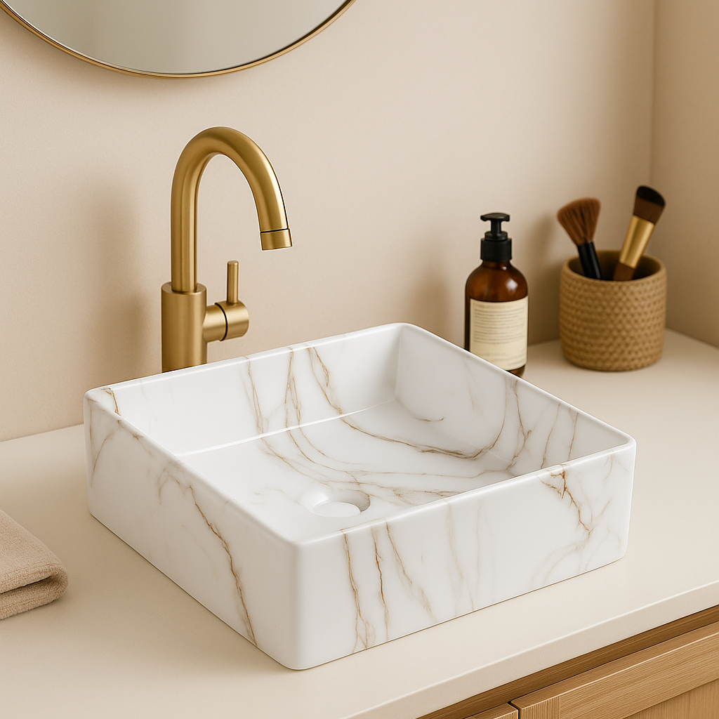 Square white marble vessel sink with gold veining and brushed gold faucet in a modern bathroom.