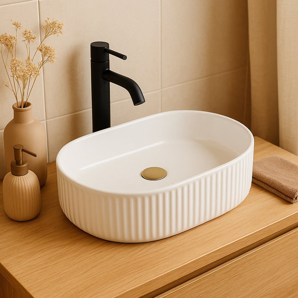 White fluted oval vessel sink with gold drain on light wood vanity next to a matte black faucet.