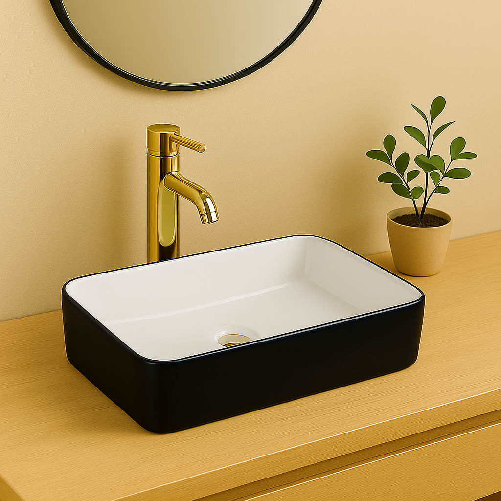 Modern black and white rectangular vessel bathroom sink with gold faucet on a wooden vanity.